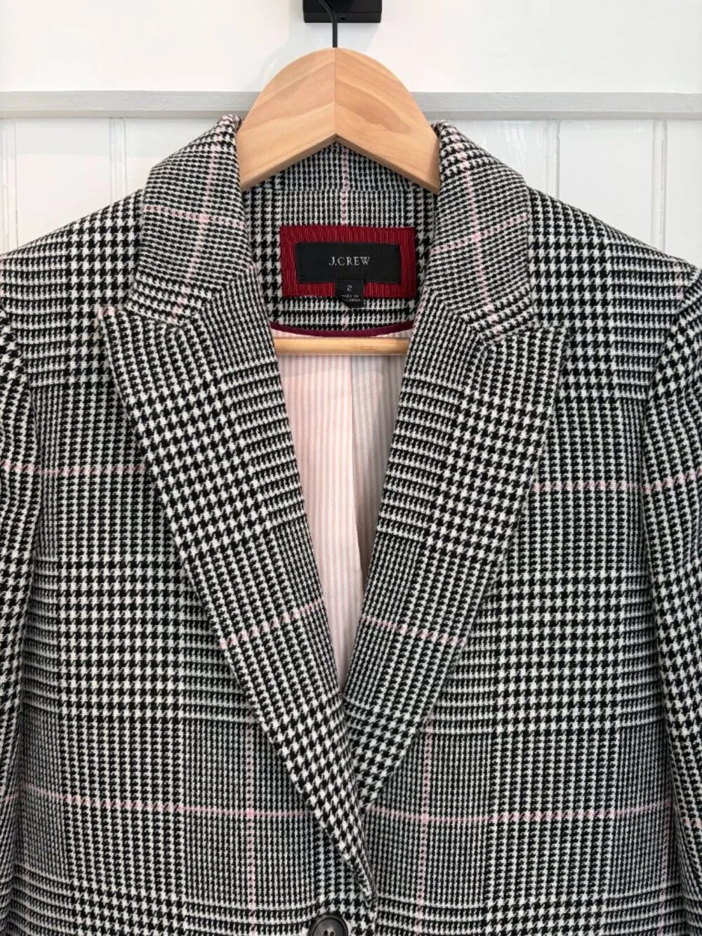 J.Crew Nello Gori Boyfriend Blazer Glen Plaid Houndstooth Pink Lining Sz 2